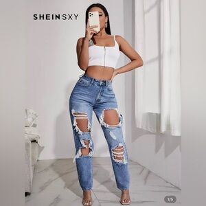 SHEIN Blue Distressed Straight Leg Jeans